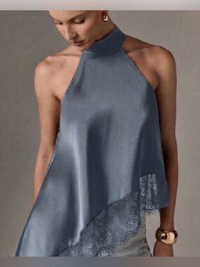 AIIRZ Satin Halter Lace Trim Camisole - Blue